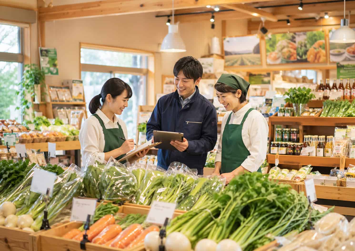 道の駅の売り場でスタッフとやりとりをする様子